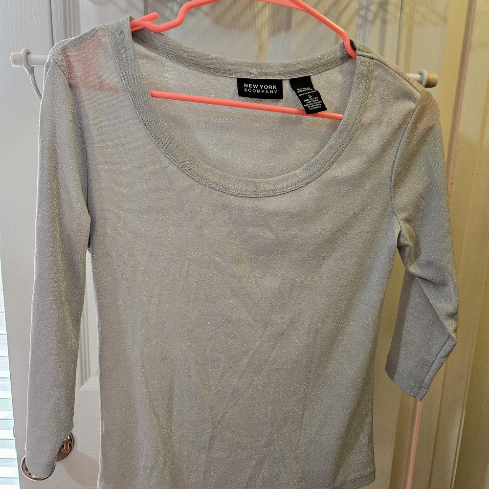 New York & Company Silver Shimmer Scoop-Neck Long Sleeve Top
